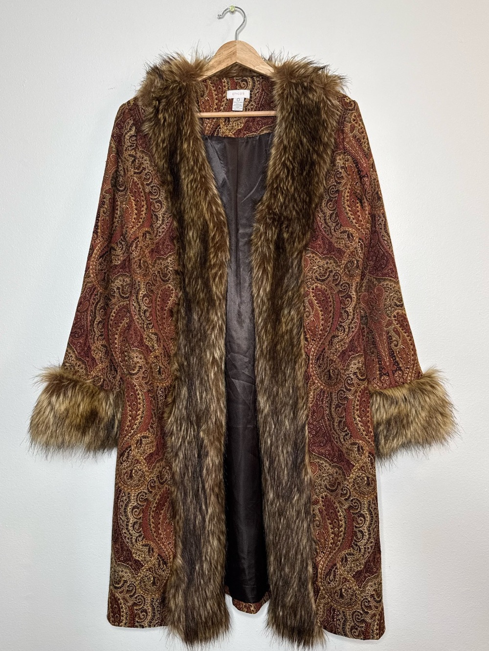 Chico's Paisley Faux-Fur Trim Coat in Brown and Rust